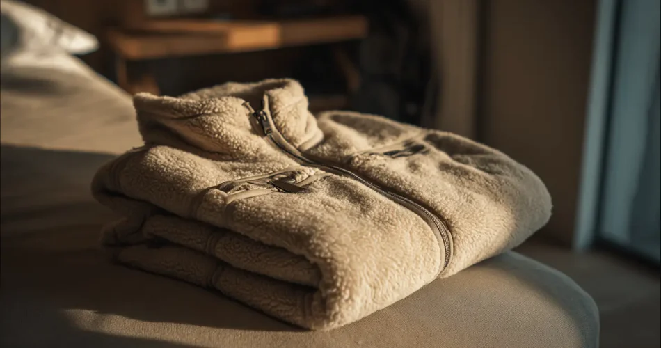 Realistic photo of a fleece jacket folded neatly on a bed or chair, cozy indoor environment, warm natural light