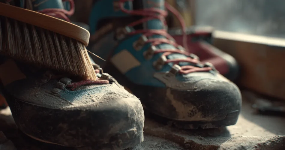 climbing shoes being cleaned with a brush