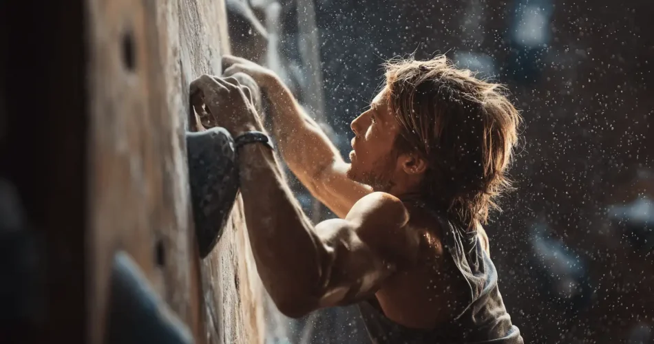 a man climbing a rock