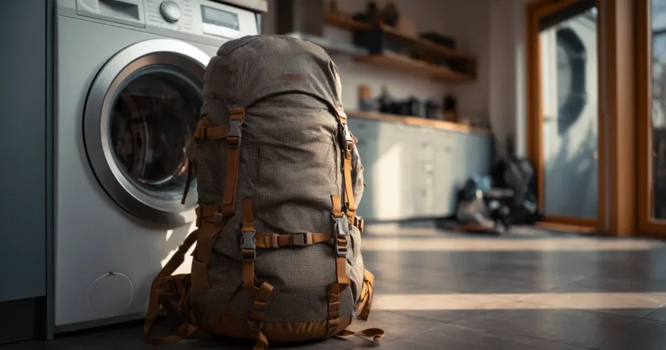 a backpack next to a washing machine